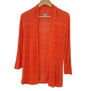 HM Women Orange Pointelle Open Front Cardigan Silk Blend 3/4 Sleeve Medium